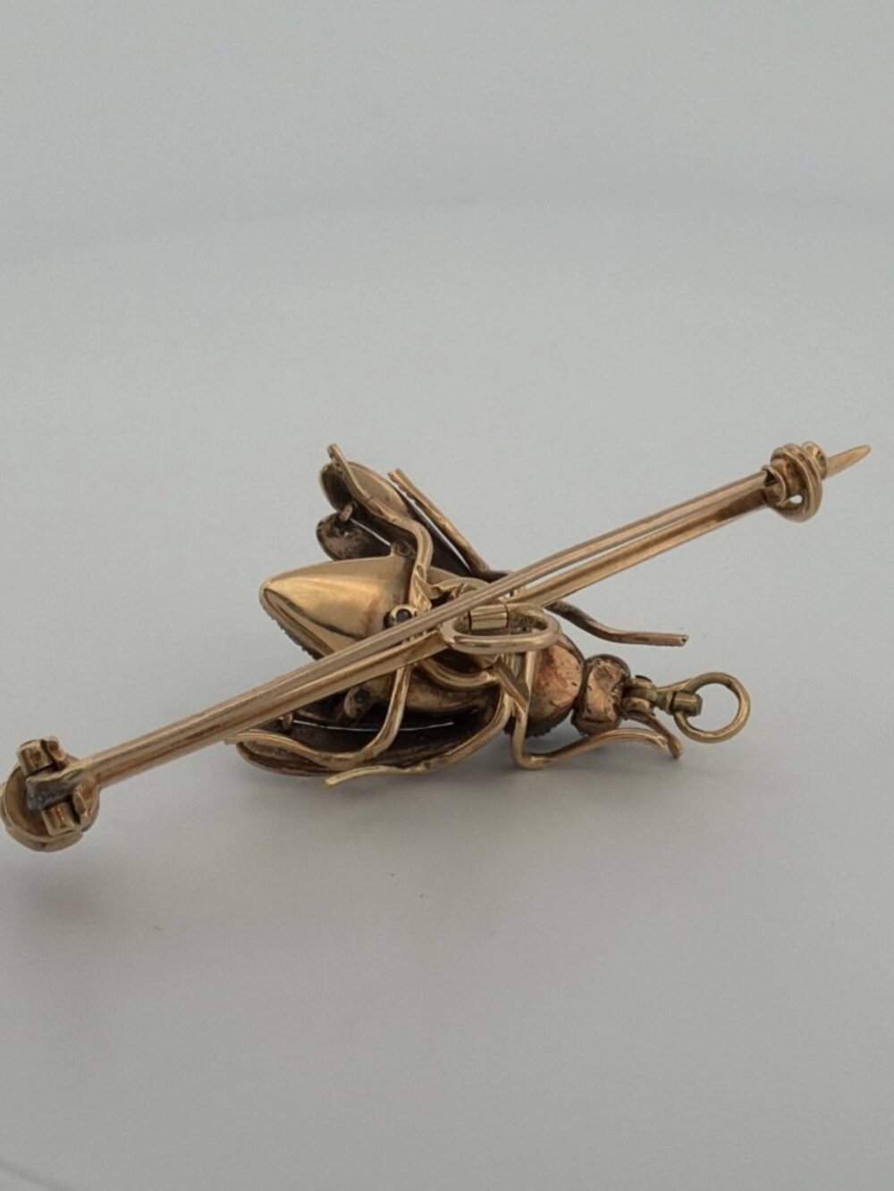 Antique Victorian Bee Brooch 14K Gold & Silver Diamond Emerald Cats Eye Quartz - Picture 5 of 13